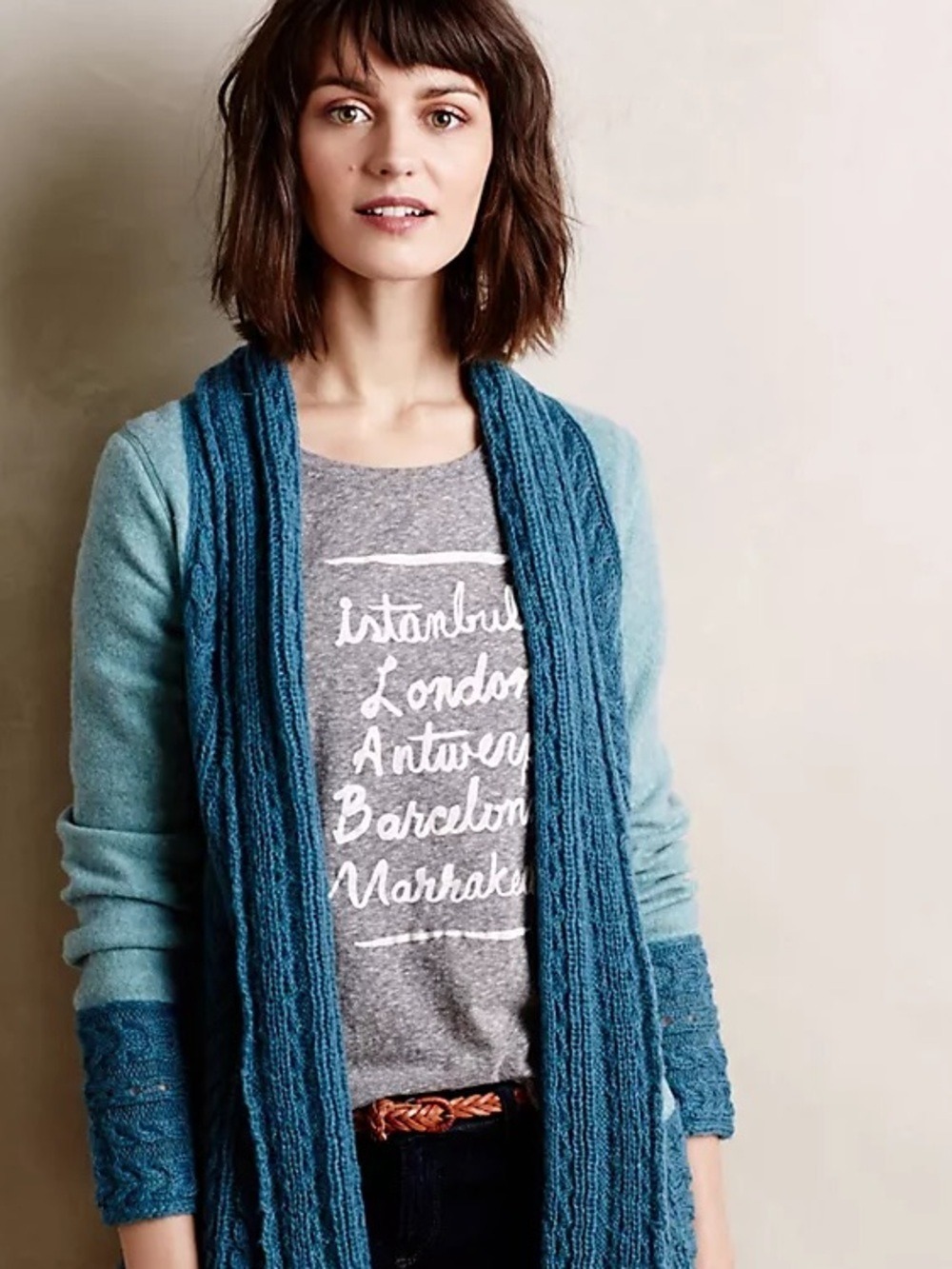 Anthropologie Regan Mix Stitch Knitted Knotted Cardigan Teal + Sea Green Small